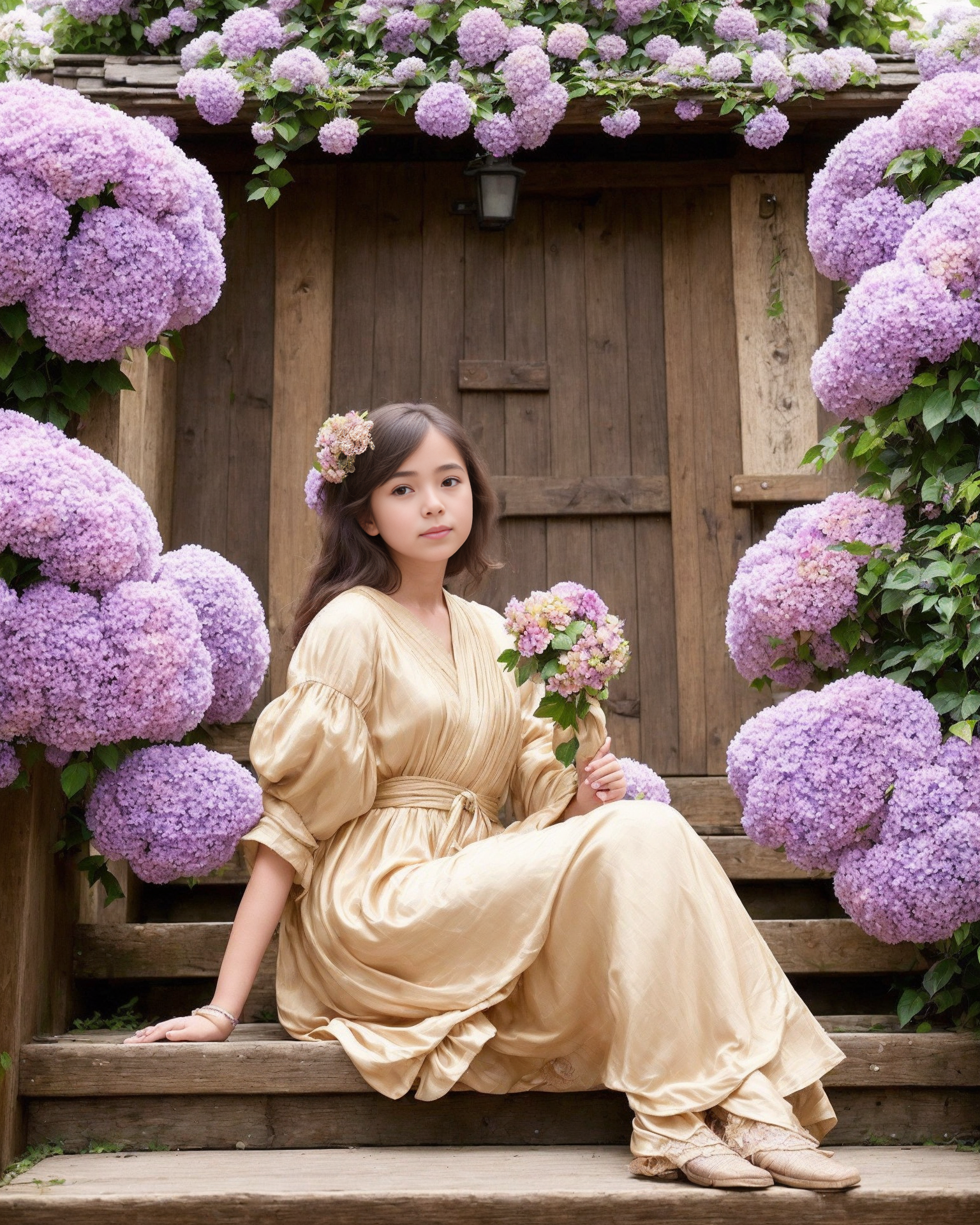 11905-4147112681-((warm light)), portrait photo of a girl wearing a golden silk dress sitting on wooden stairs (holding a single purple hydrangea.png